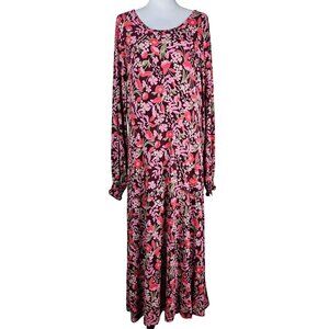 Draper James Floral Maxi Dress Sz L Red & Pink Ruffled Cuffs Stretch Cottagecore
